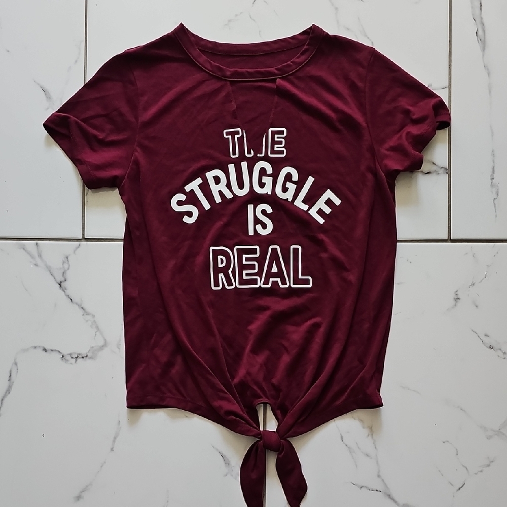 NWOT “The Struggle Is Real” Burgundy Tie-Front Graphic Tee | Size Small